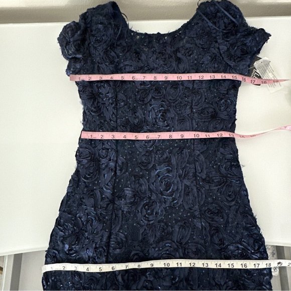 NWT $259 ALEX‎ EVENINGS [ 6 ] Embellished Lace Rosette A-Line Gown in Navy Blue - Picture 4 of 14